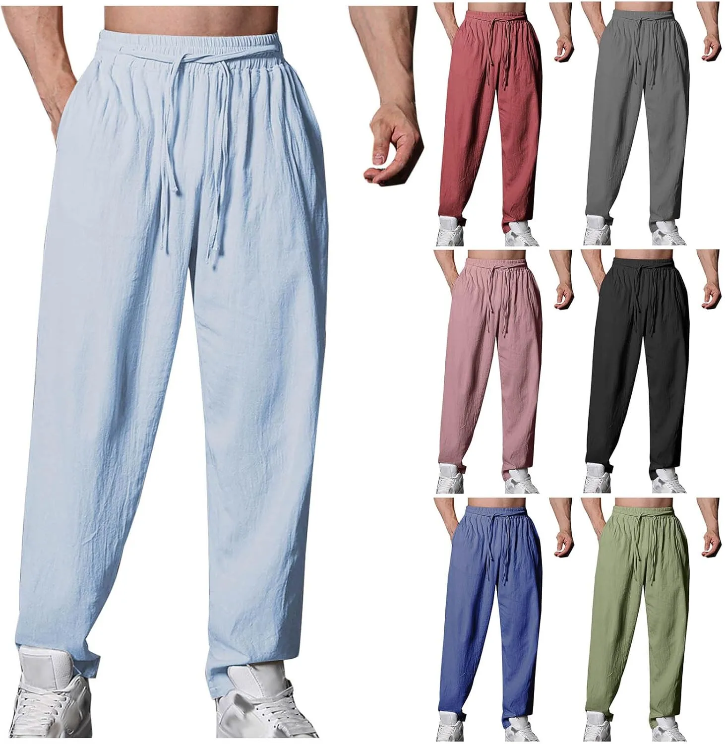 Cambkatl Cotton Linen Pants for Men Casual 2025 Summer Elastic Waist Drawstring Lightweight Loose Beach Travel Lounge Pants