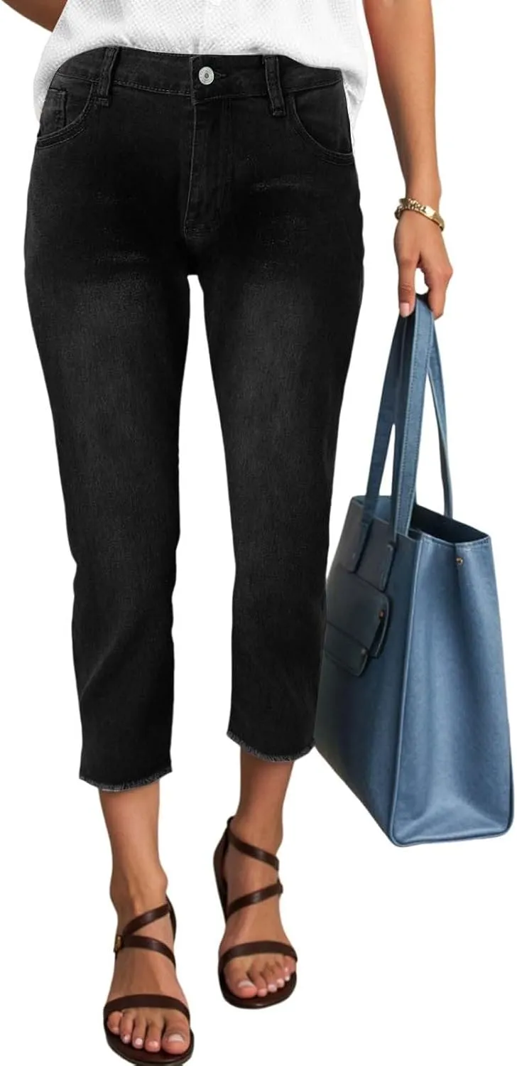 Capri Jeans for Women Stretch Leg High Waisted Distressed Denim Skinny Cropped Jean Streetwear