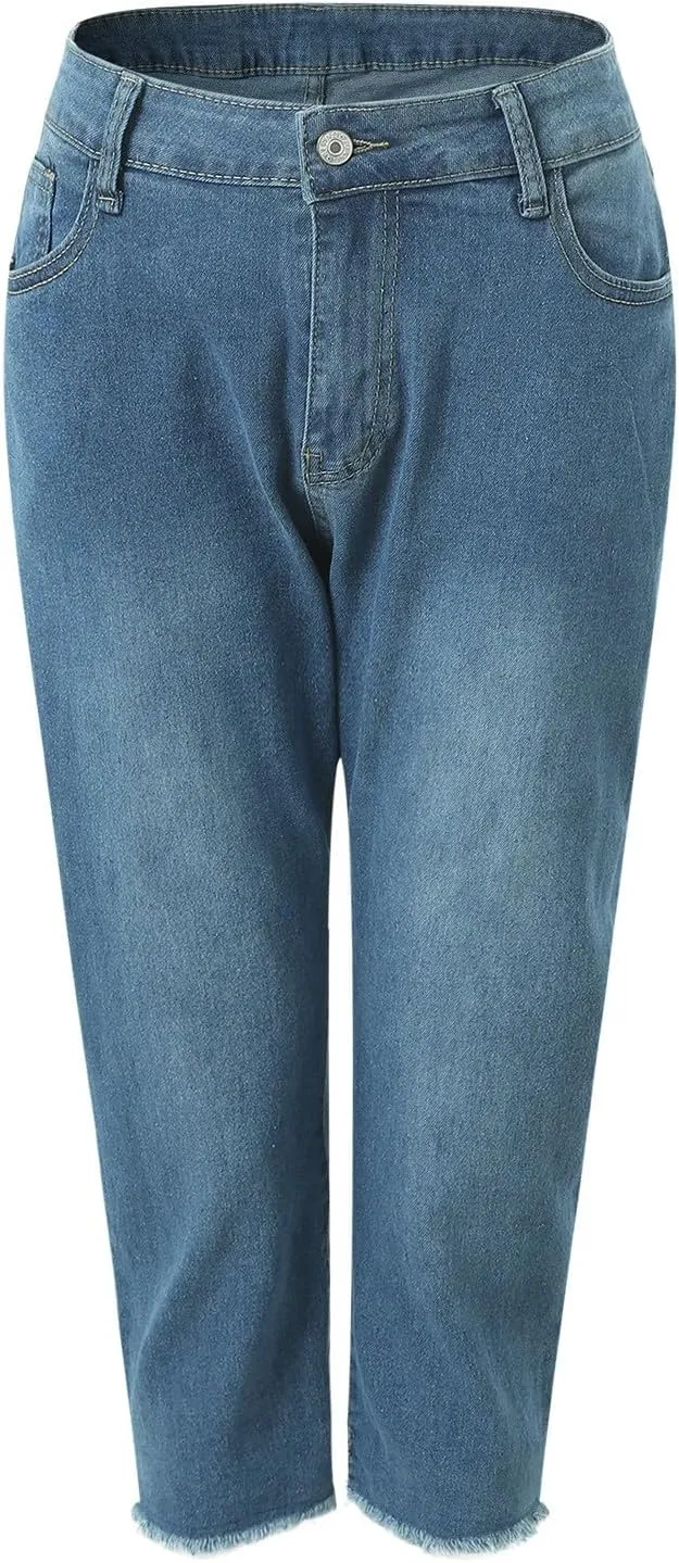 Capri Jeans for Women Stretch Leg High Waisted Distressed Denim Skinny Cropped Jean Streetwear