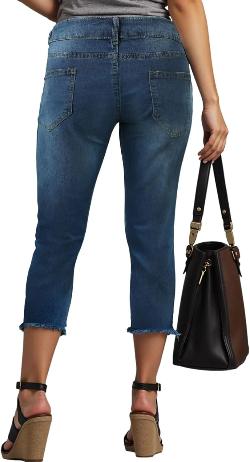 Capri Jeans for Women Stretch Leg High Waisted Distressed Denim Skinny Cropped Jean Streetwear
