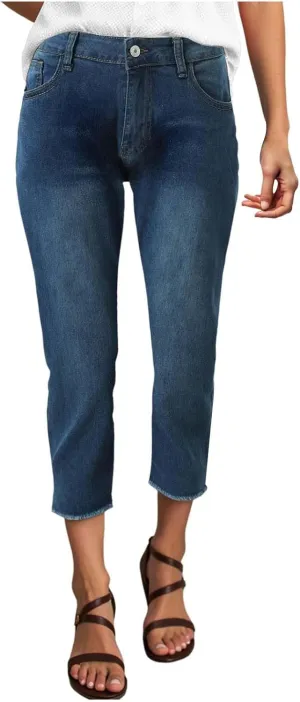 Capri Jeans for Women Stretch Leg High Waisted Distressed Denim Skinny Cropped Jean Streetwear
