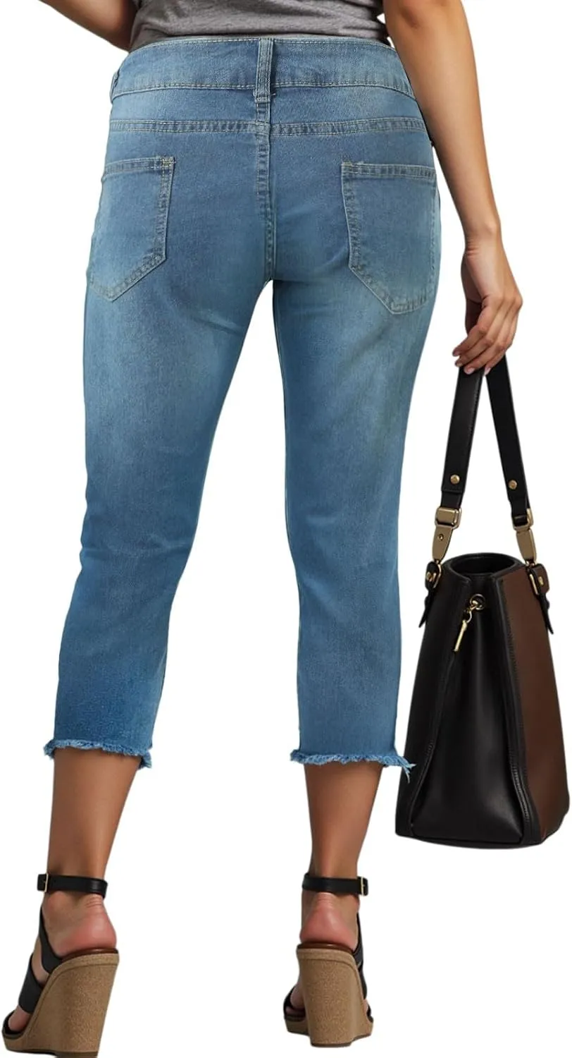 Capri Jeans for Women Stretch Leg High Waisted Distressed Denim Skinny Cropped Jean Streetwear