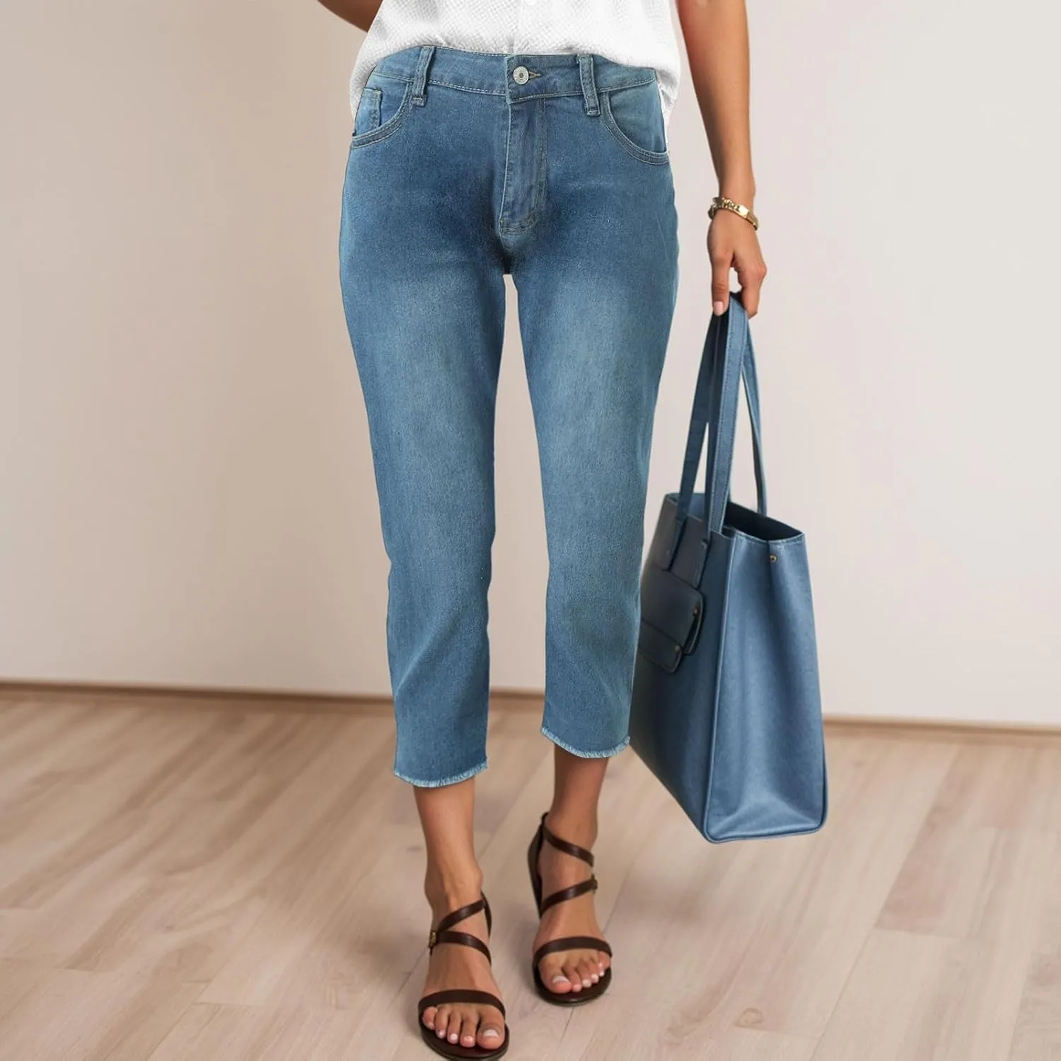 Capri Jeans for Women Stretch Leg High Waisted Distressed Denim Skinny Cropped Jean Streetwear