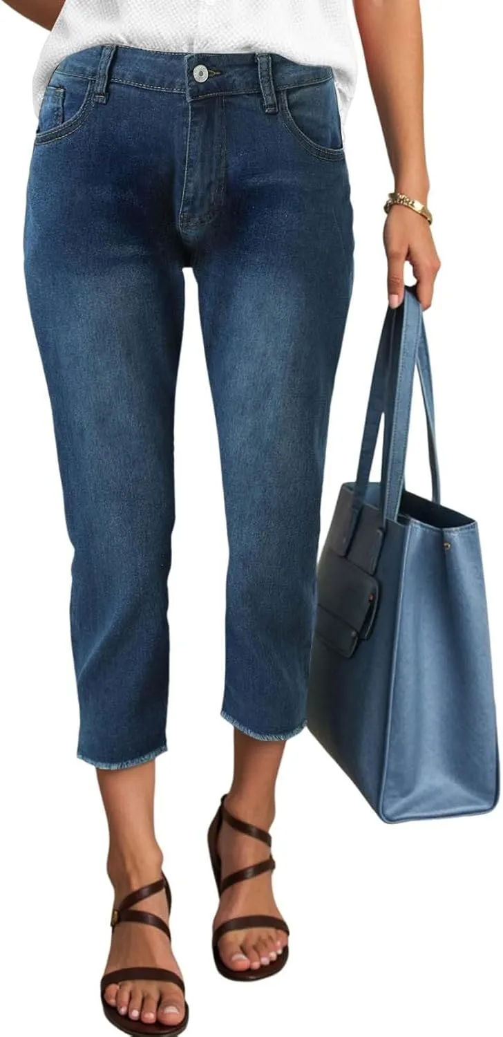 Capri Jeans for Women Stretch Leg High Waisted Distressed Denim Skinny Cropped Jean Streetwear