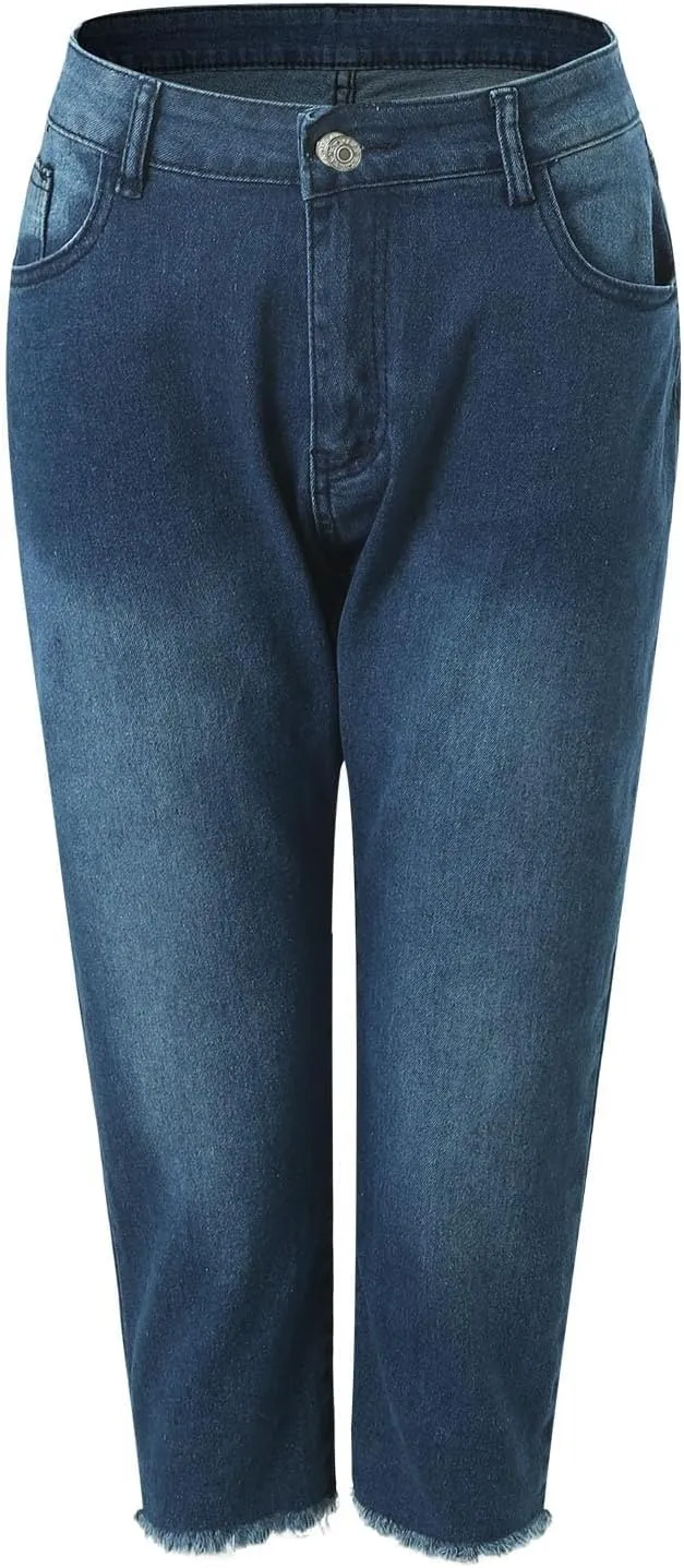 Capri Jeans for Women Stretch Leg High Waisted Distressed Denim Skinny Cropped Jean Streetwear