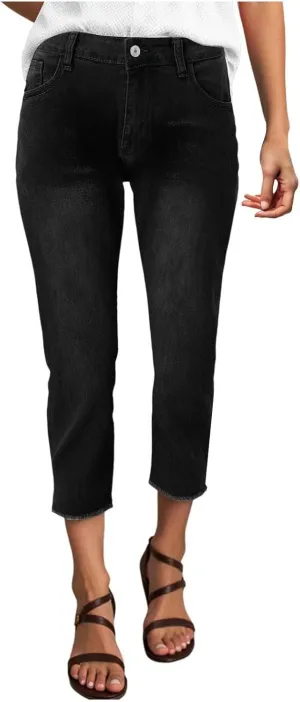 Capri Jeans for Women Stretch Leg High Waisted Distressed Denim Skinny Cropped Jean Streetwear