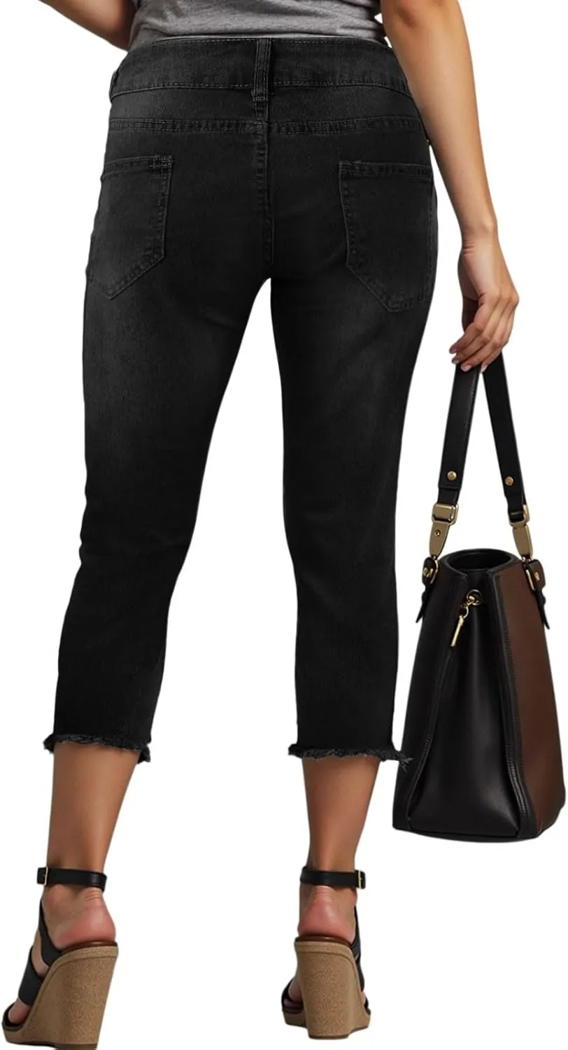 Capri Jeans for Women Stretch Leg High Waisted Distressed Denim Skinny Cropped Jean Streetwear