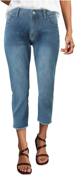 Capri Jeans for Women Stretch Leg High Waisted Distressed Denim Skinny Cropped Jean Streetwear
