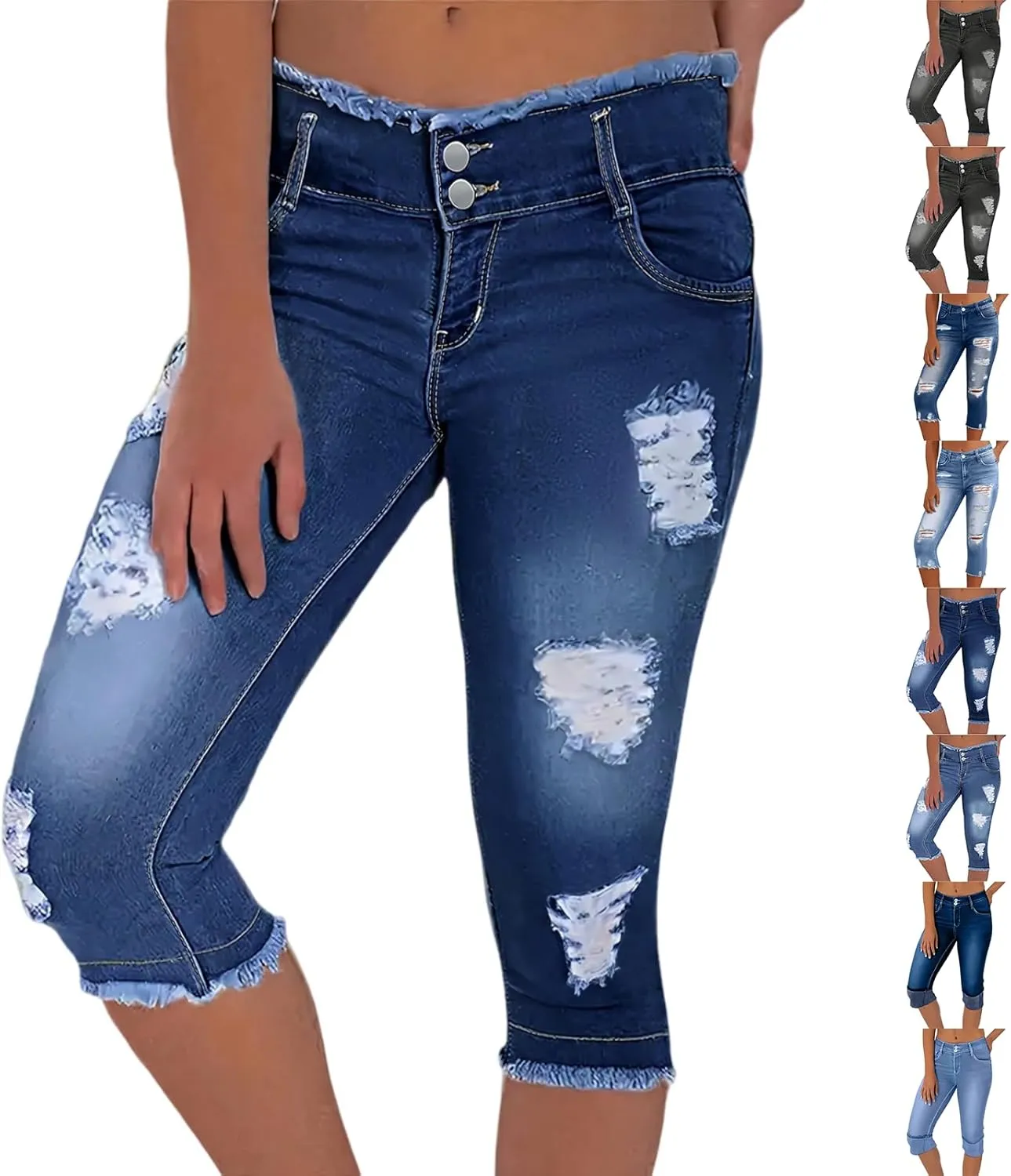 Capri Jeans for Women Stretch Low Rise Ripped Jeans Butt Lifting Wash Raw Hem Distressed Denim Capris with Pockets