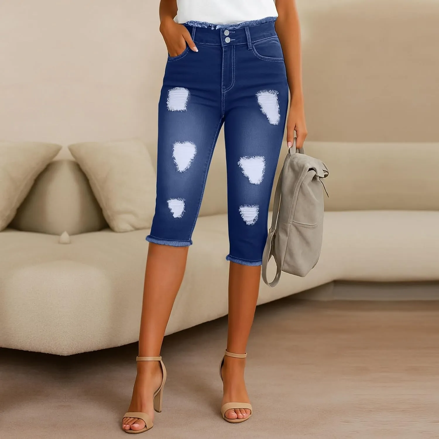 Capri Jeans for Women Stretch Low Rise Ripped Jeans Butt Lifting Wash Raw Hem Distressed Denim Capris with Pockets