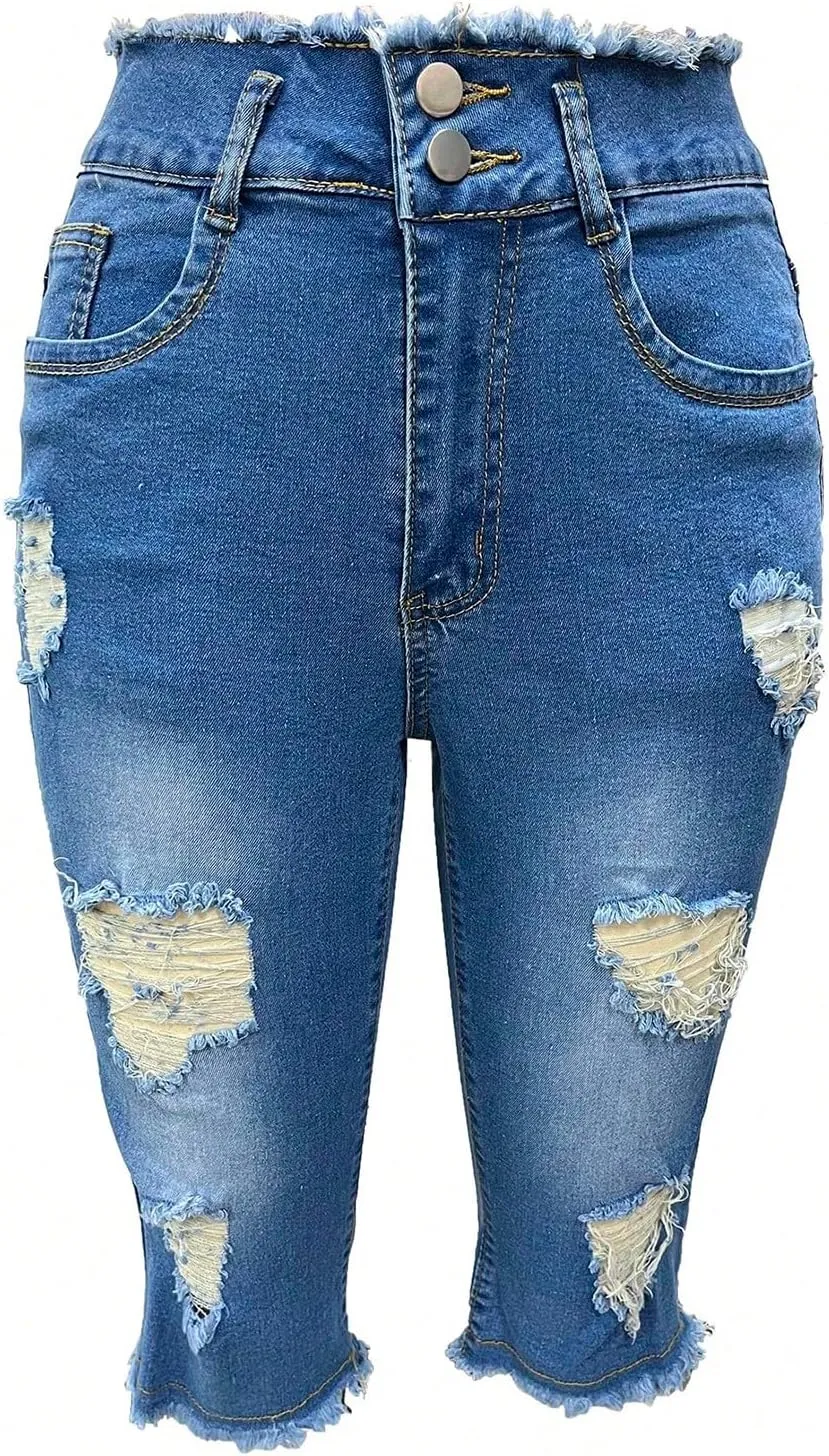 Capri Jeans for Women Stretch Low Rise Ripped Jeans Butt Lifting Wash Raw Hem Distressed Denim Capris with Pockets