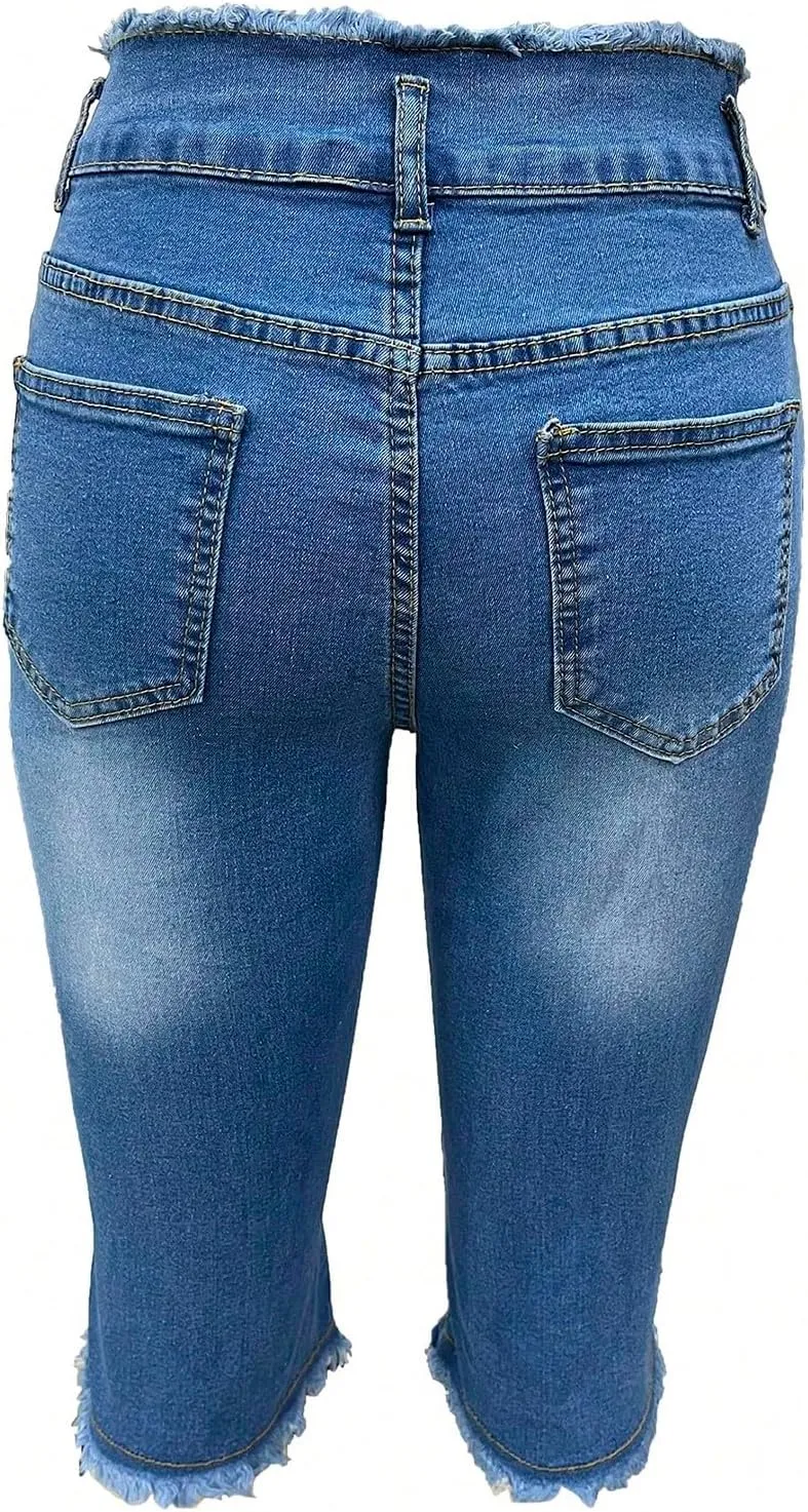 Capri Jeans for Women Stretch Low Rise Ripped Jeans Butt Lifting Wash Raw Hem Distressed Denim Capris with Pockets