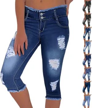 Capri Jeans for Women Stretch Low Rise Ripped Jeans Butt Lifting Wash Raw Hem Distressed Denim Capris with Pockets