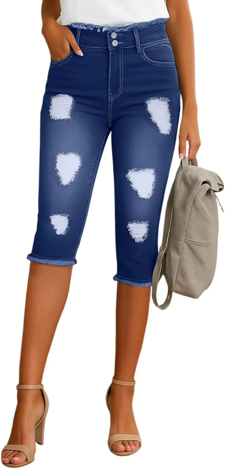 Capri Jeans for Women Stretch Low Rise Ripped Jeans Butt Lifting Wash Raw Hem Distressed Denim Capris with Pockets