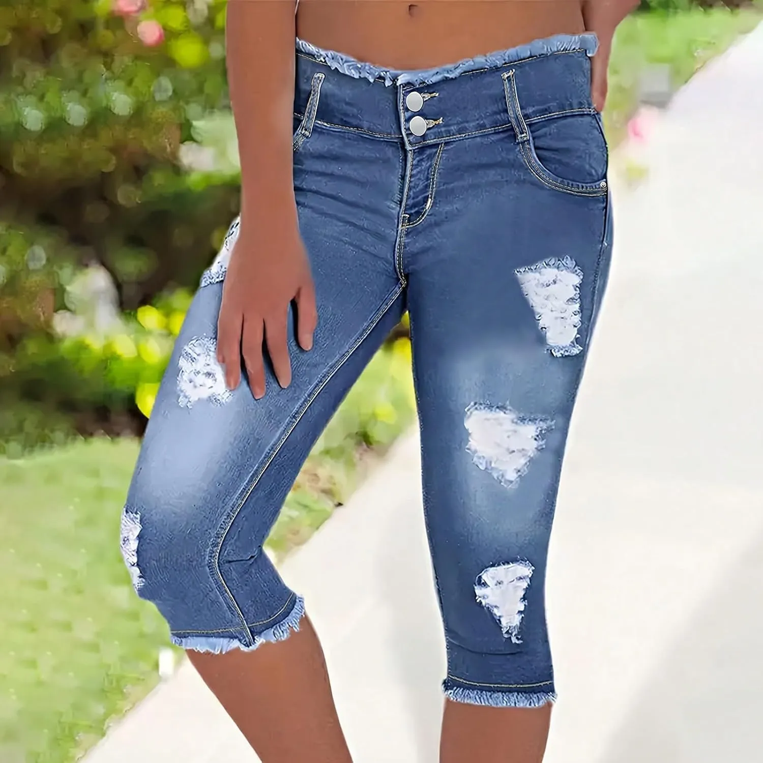 Capri Jeans for Women Stretch Low Rise Ripped Jeans Butt Lifting Wash Raw Hem Distressed Denim Capris with Pockets