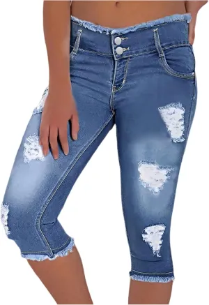 Capri Jeans for Women Stretch Low Rise Ripped Jeans Butt Lifting Wash Raw Hem Distressed Denim Capris with Pockets
