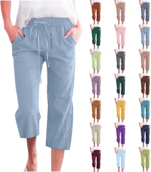 Capri Pants for Women Knee Length Summer High Waisted Straight Leg Linen Pants Loose Fit Casual Vacation Outfits w/Pockets