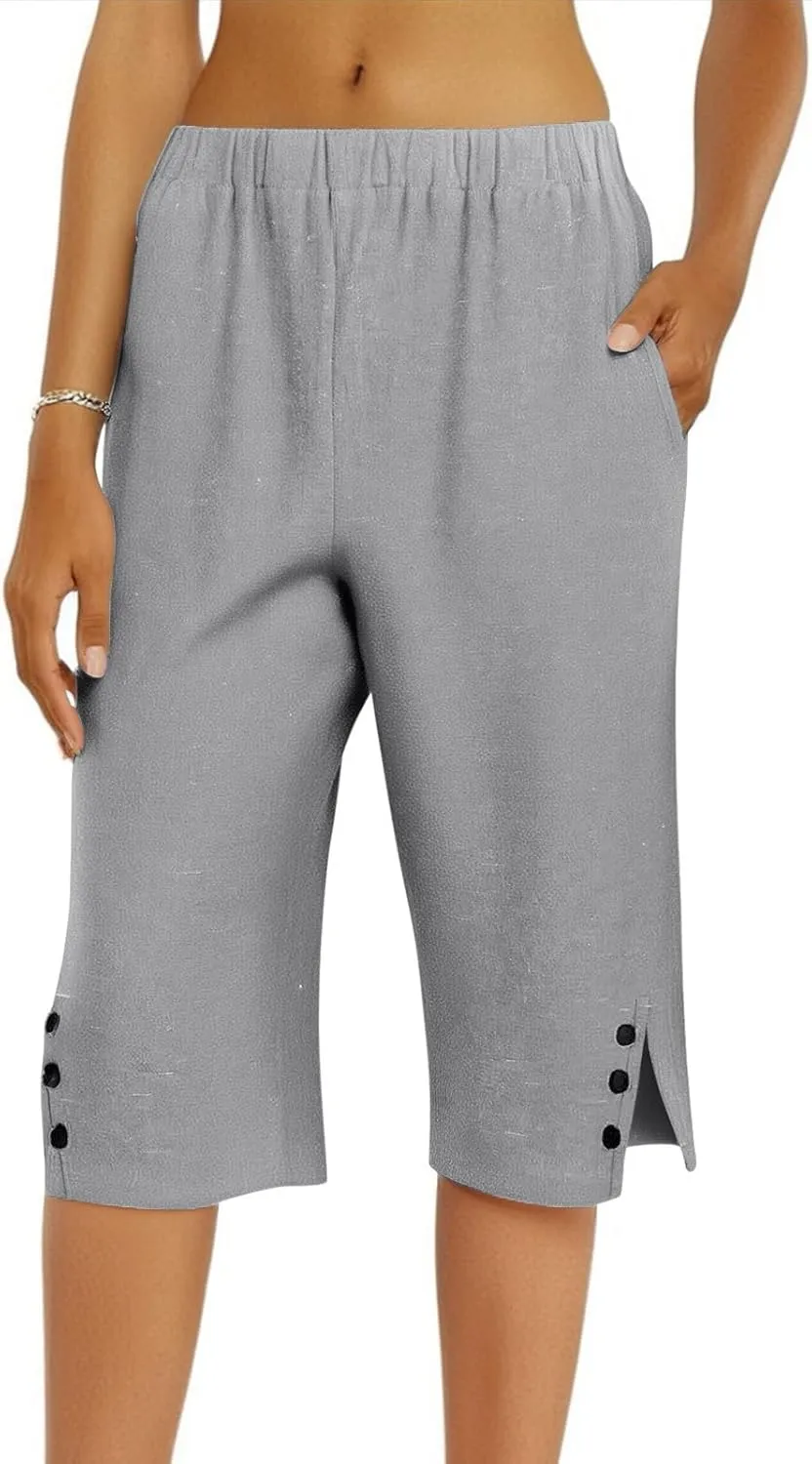 Capri Pants for Women Linen Elastic Weight Drawstring Pant 2025 Summer Casual Cotton Wide Leg Trouser with Pockets