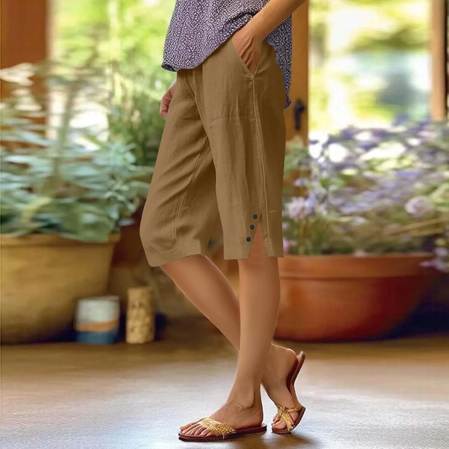 Capri Pants for Women Linen Elastic Weight Drawstring Pant 2025 Summer Casual Cotton Wide Leg Trouser with Pockets