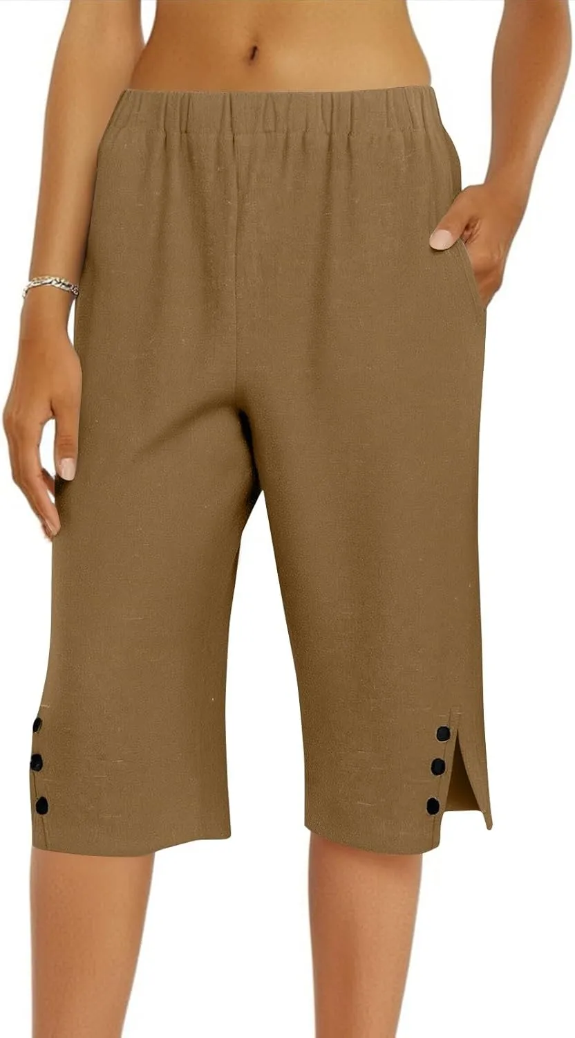 Capri Pants for Women Linen Elastic Weight Drawstring Pant 2025 Summer Casual Cotton Wide Leg Trouser with Pockets