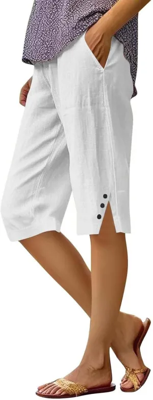 Capri Pants for Women Linen Elastic Weight Drawstring Pant 2025 Summer Casual Cotton Wide Leg Trouser with Pockets
