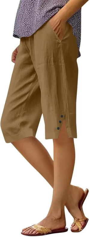 Capri Pants for Women Linen Elastic Weight Drawstring Pant 2025 Summer Casual Cotton Wide Leg Trouser with Pockets