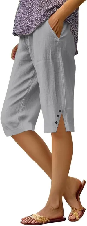 Capri Pants for Women Linen Elastic Weight Drawstring Pant 2025 Summer Casual Cotton Wide Leg Trouser with Pockets