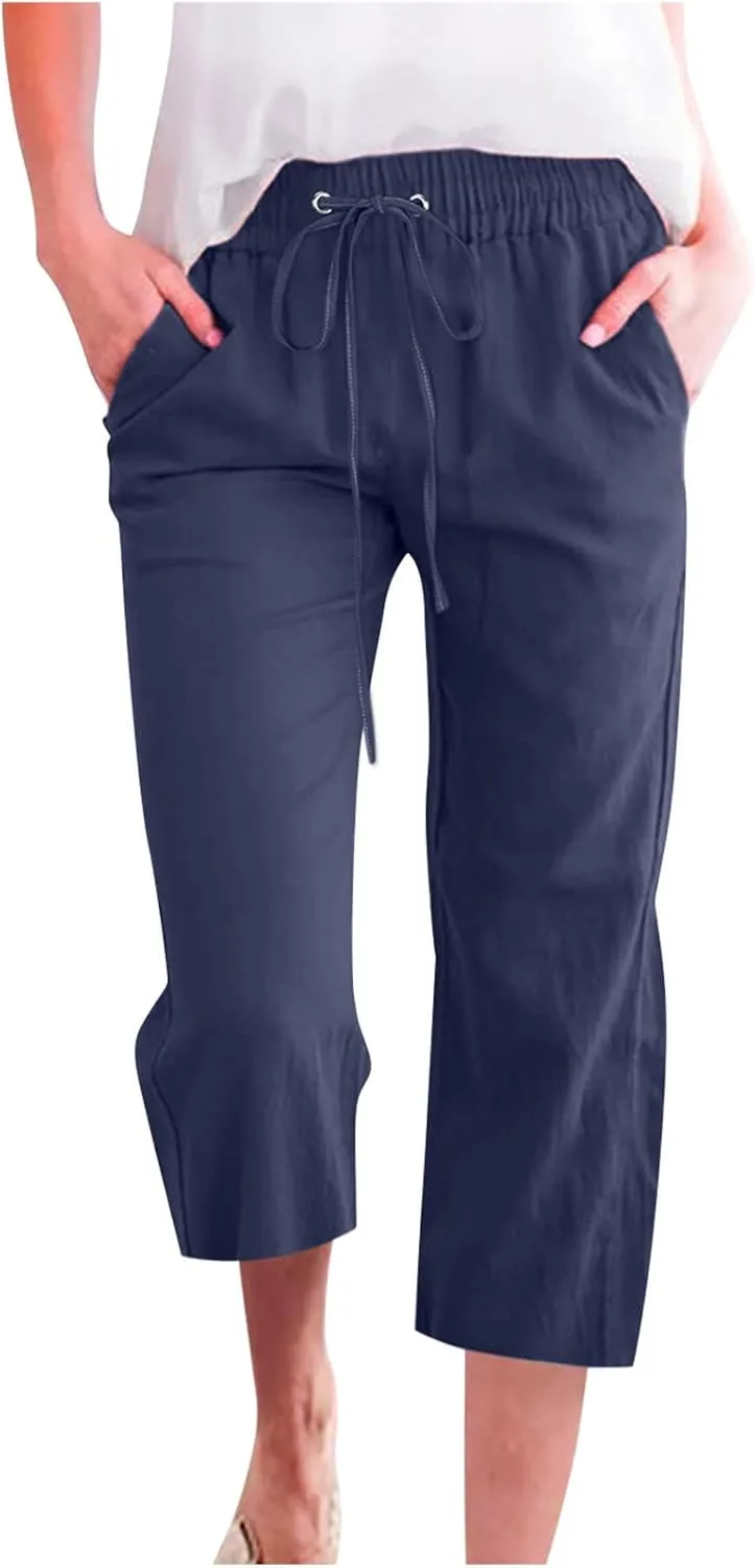 Capri Pants for Women Summer Trendy Linen Pants Plus Size Capris Linen Clothes Elastic Waist Cropped Trouser