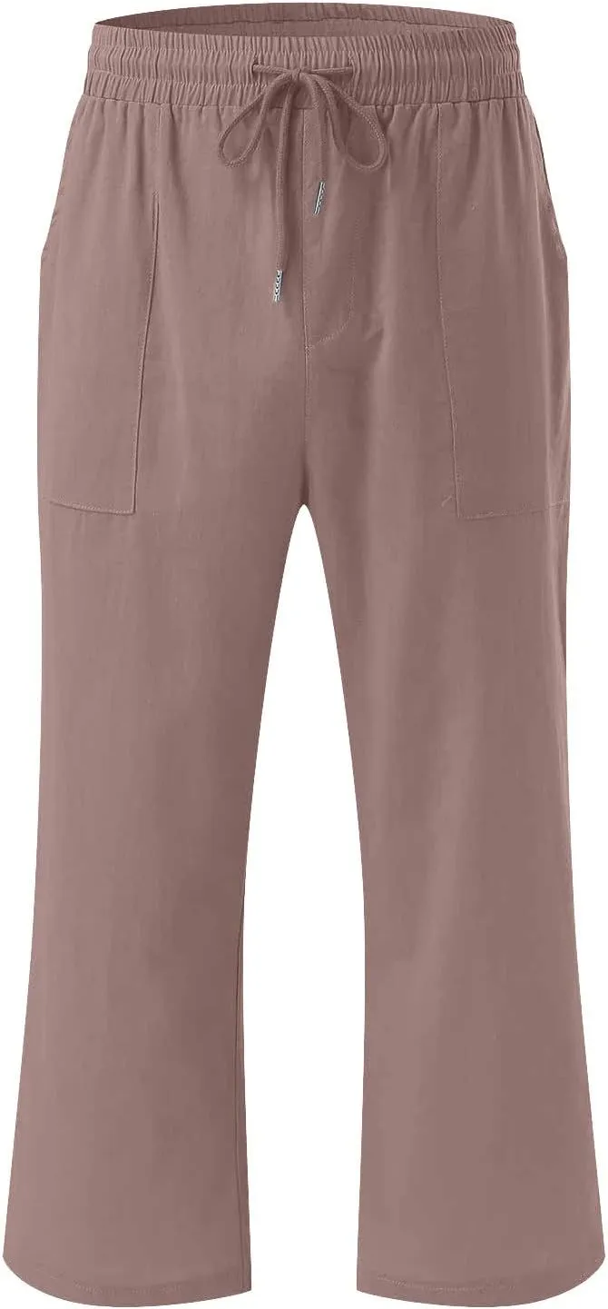 Capri Pants for Women Summer Trendy Linen Pants Plus Size Capris Linen Clothes Elastic Waist Cropped Trouser