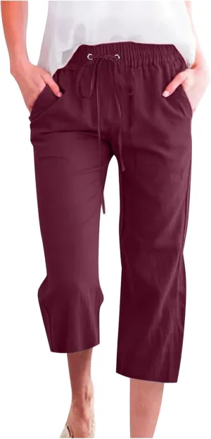 Capri Pants for Women Summer Trendy Linen Pants Plus Size Capris Linen Clothes Elastic Waist Cropped Trouser