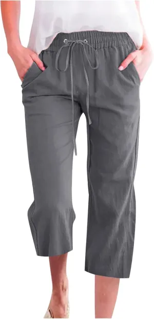 Capri Pants for Women Summer Trendy Linen Pants Plus Size Capris Linen Clothes Elastic Waist Cropped Trouser