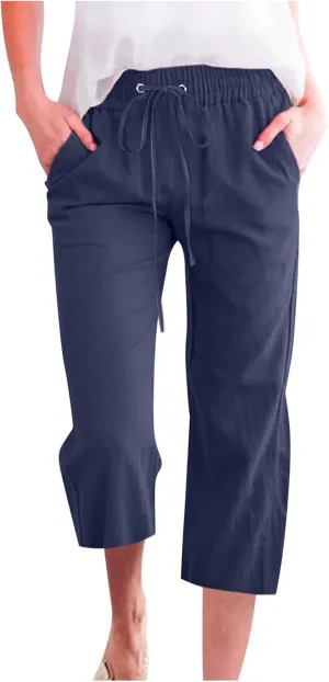 Capri Pants for Women Summer Trendy Linen Pants Plus Size Capris Linen Clothes Elastic Waist Cropped Trouser