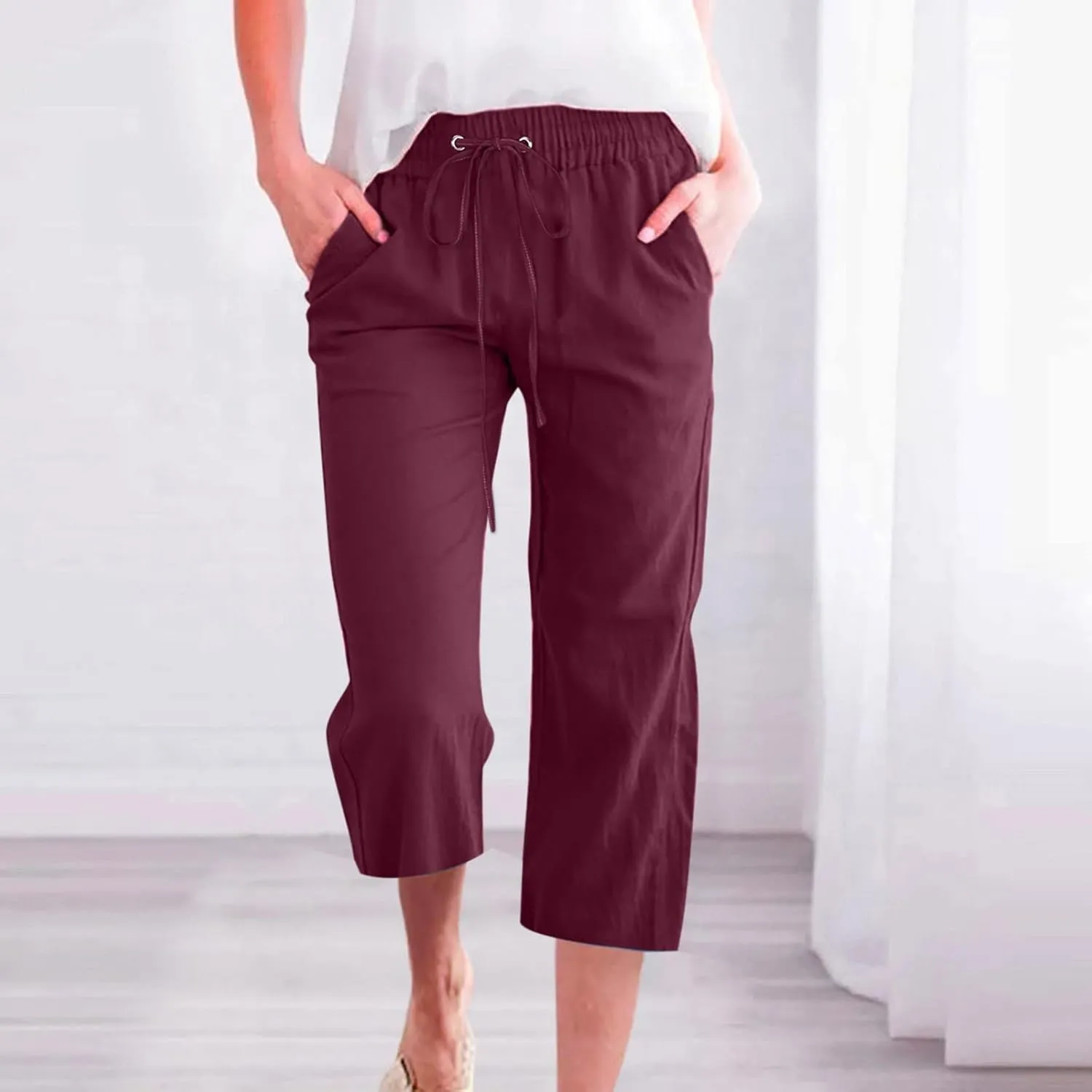 Capri Pants for Women Summer Trendy Linen Pants Plus Size Capris Linen Clothes Elastic Waist Cropped Trouser