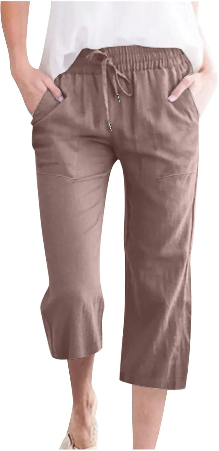Capri Pants for Women Summer Trendy Linen Pants Plus Size Capris Linen Clothes Elastic Waist Cropped Trouser