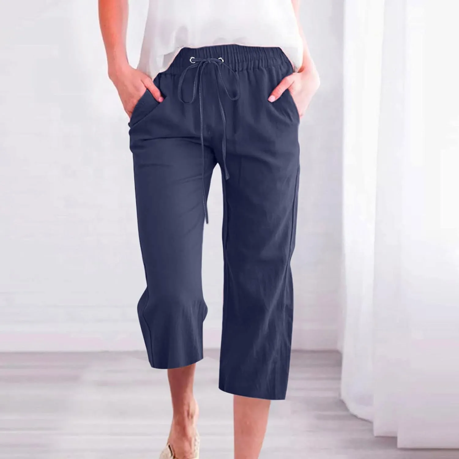 Capri Pants for Women Summer Trendy Linen Pants Plus Size Capris Linen Clothes Elastic Waist Cropped Trouser