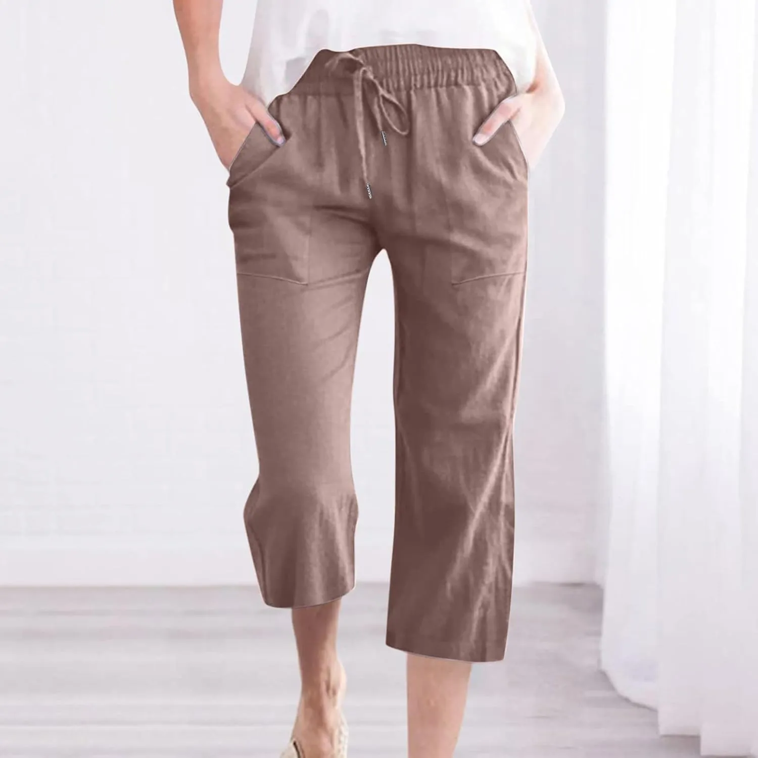 Capri Pants for Women Summer Trendy Linen Pants Plus Size Capris Linen Clothes Elastic Waist Cropped Trouser