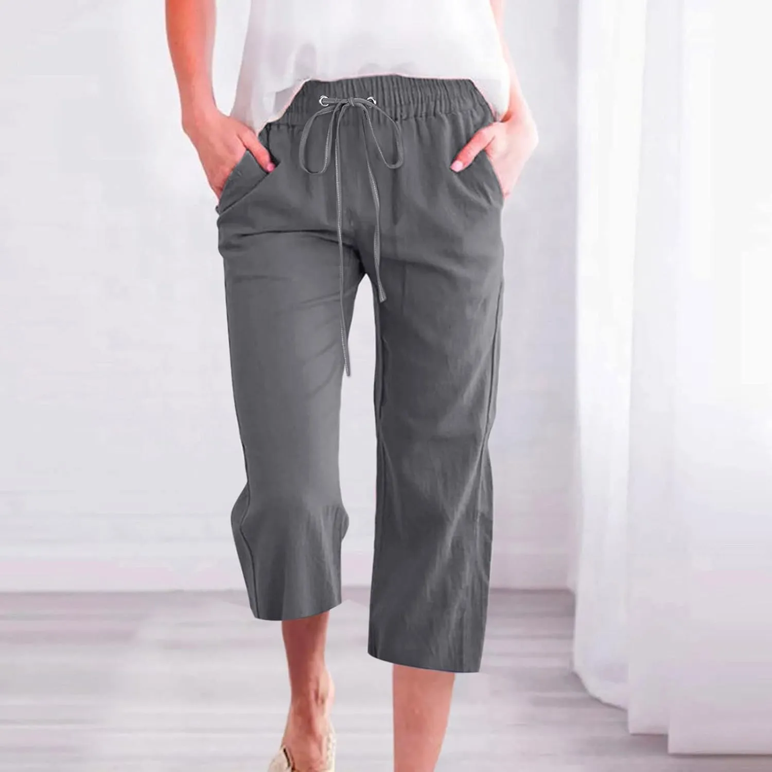 Capri Pants for Women Summer Trendy Linen Pants Plus Size Capris Linen Clothes Elastic Waist Cropped Trouser