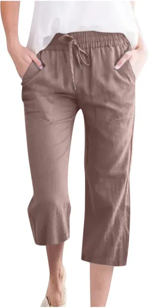 Capri Pants for Women Summer Trendy Linen Pants Plus Size Capris Linen Clothes Elastic Waist Cropped Trouser