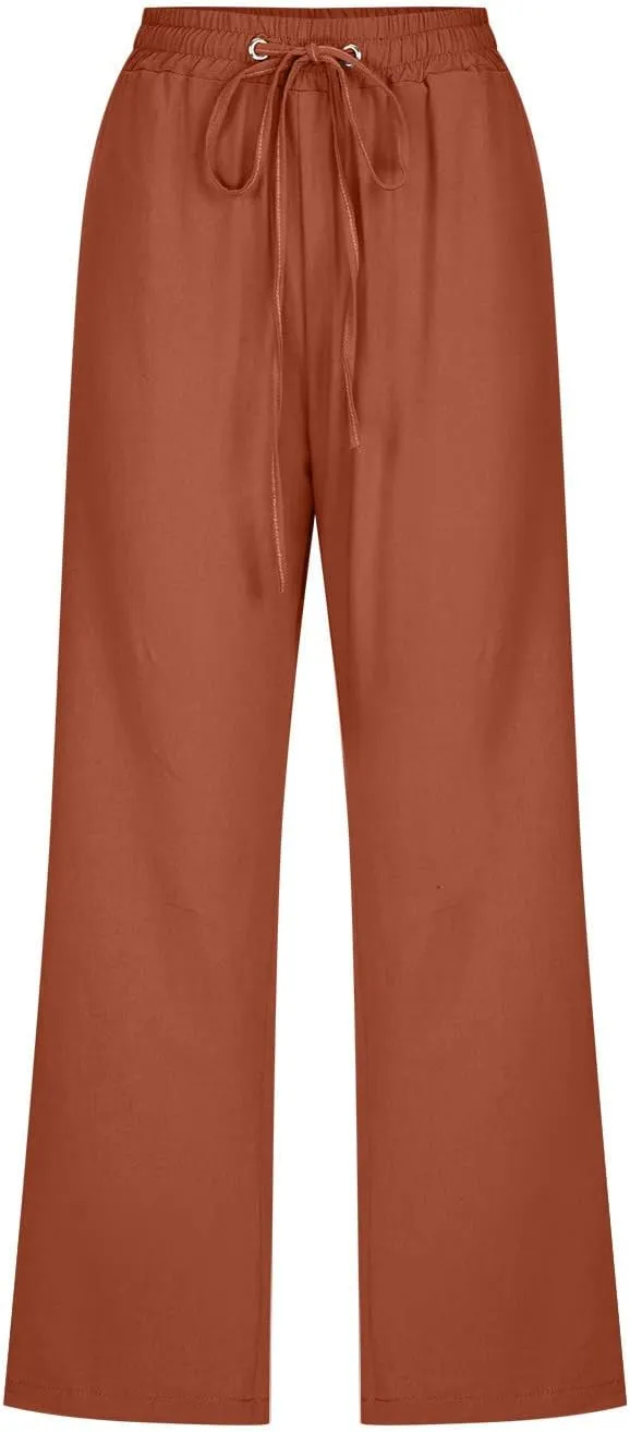 Capri Pants Women Drawstring Linen Pant Elastic Waist Straight Wide Leg Cropped Pants Loose Casual Trousers