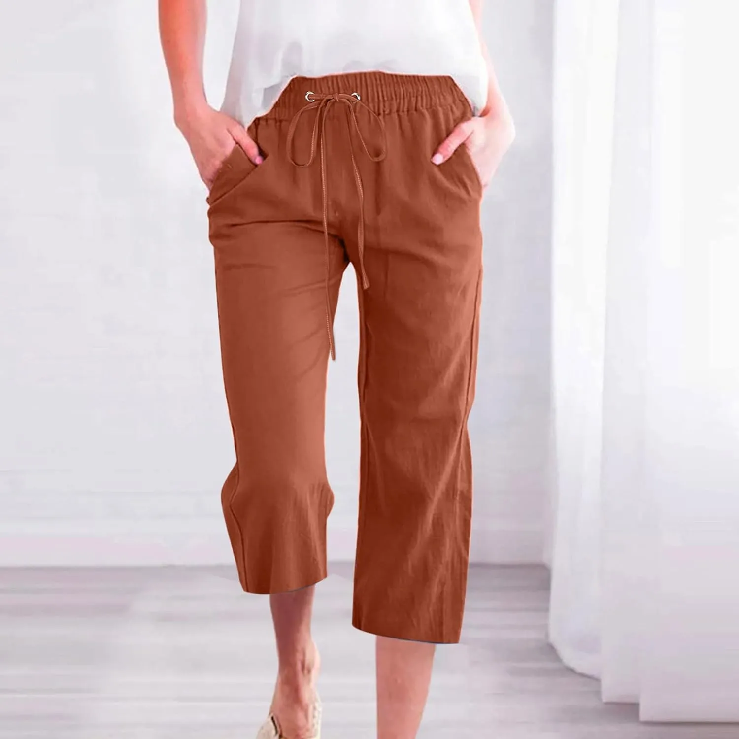 Capri Pants Women Drawstring Linen Pant Elastic Waist Straight Wide Leg Cropped Pants Loose Casual Trousers