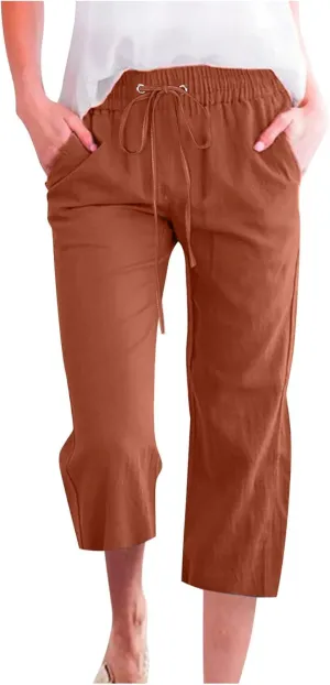 Capri Pants Women Drawstring Linen Pant Elastic Waist Straight Wide Leg Cropped Pants Loose Casual Trousers