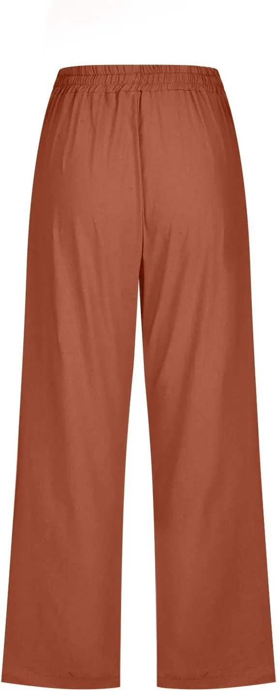 Capri Pants Women Drawstring Linen Pant Elastic Waist Straight Wide Leg Cropped Pants Loose Casual Trousers