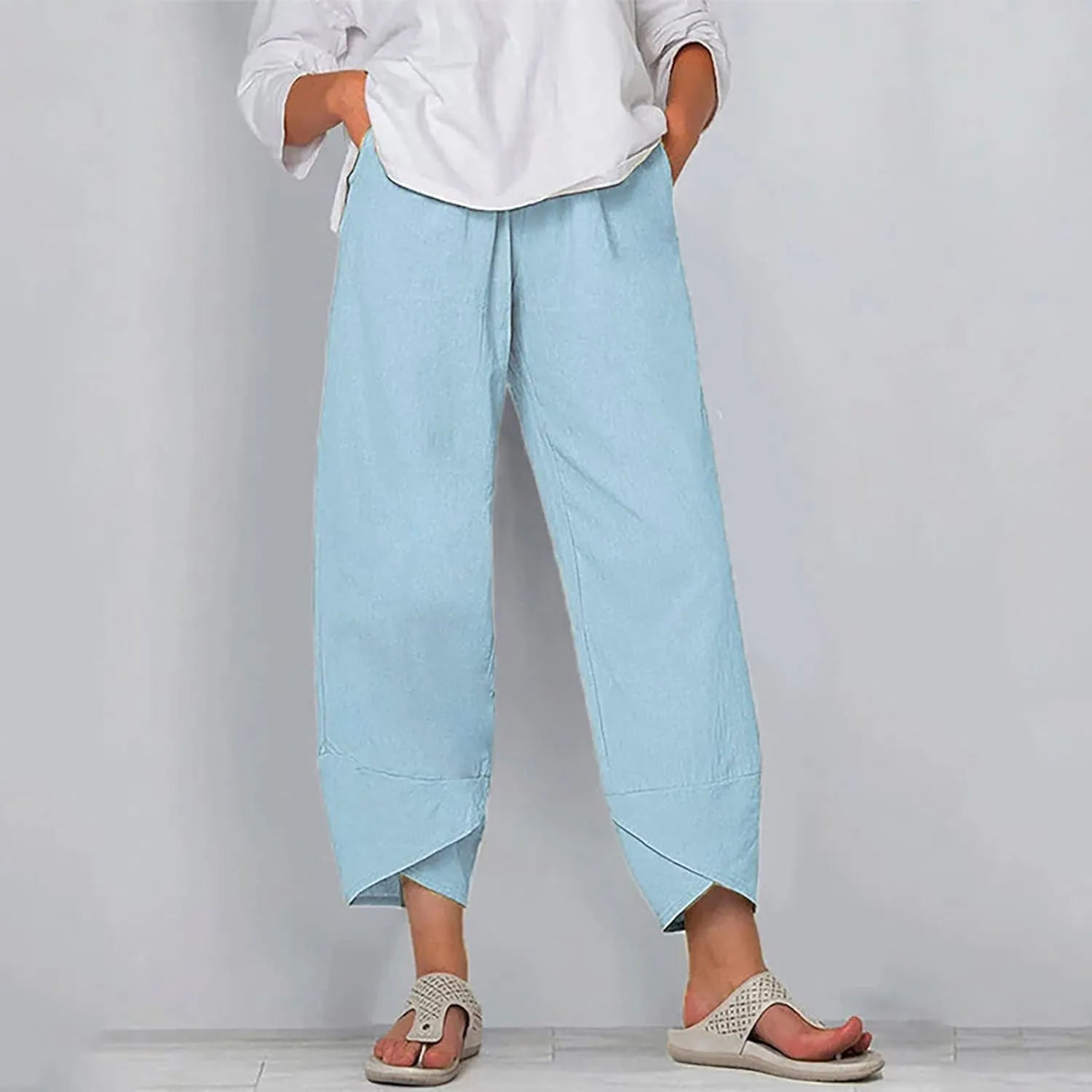 Capris Linen Pants for Women Ocean Japanese Art Printed Baggy Cropped Wide Leg Pallazzo Trousers Pants for Beach