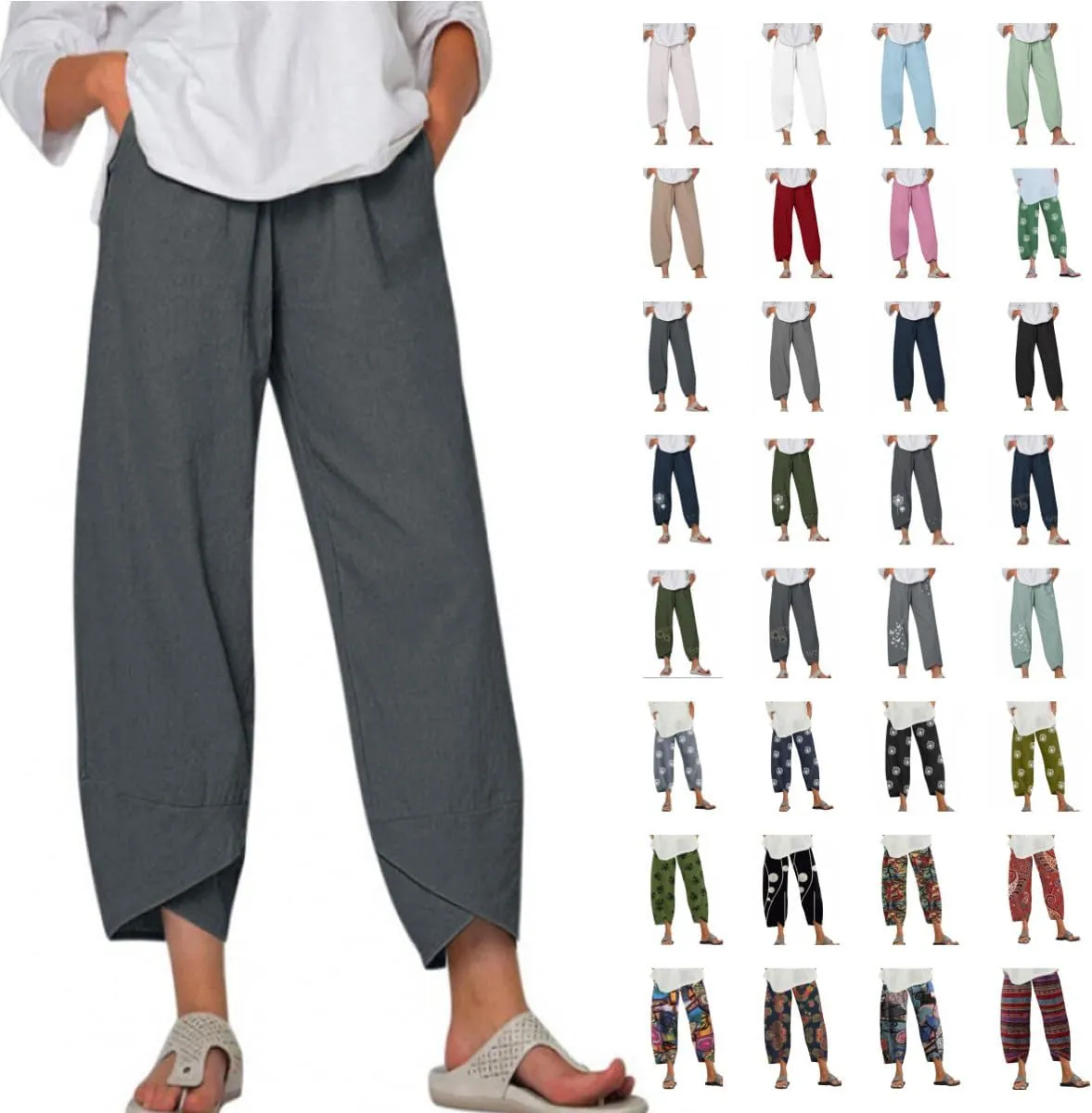 Capris Linen Pants for Women Ocean Japanese Art Printed Baggy Cropped Wide Leg Pallazzo Trousers Pants for Beach