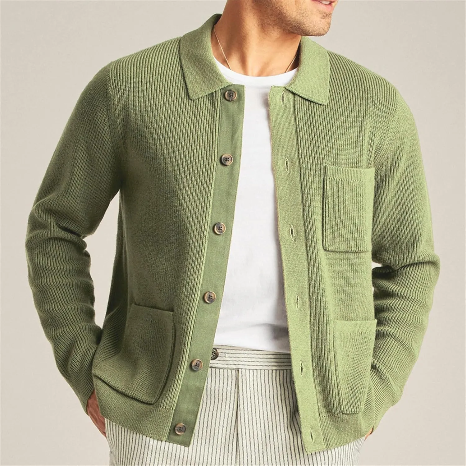 Cardigan Sweater for Men Button Down Knit Cardigan Knit Lapel Sweater Lightweight Cardigan Sweater with Pockets