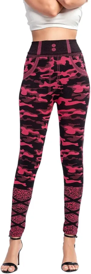 Casual Leggings for Women Simulation Jeans High Waist Printed Tummy Control Butt Lifting Pants Compression Causal Athletic Workout Fitness Fitted womens plus sets Camouflage Camo C32-Red