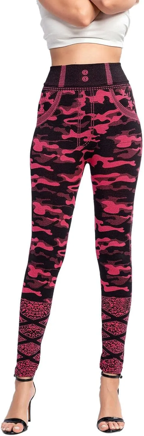 Casual Leggings for Women Simulation Jeans High Waist Printed Tummy Control Butt Lifting Pants Compression Causal Athletic Workout Fitness Fitted womens plus sets Camouflage Camo C32-Red