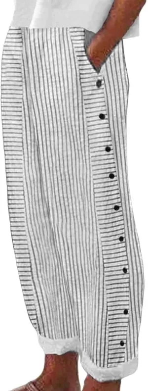 Casual Pants for Women Summer Trendy Striped Side Button Up Elastic Waist Straight Leg Trousers with Pockets