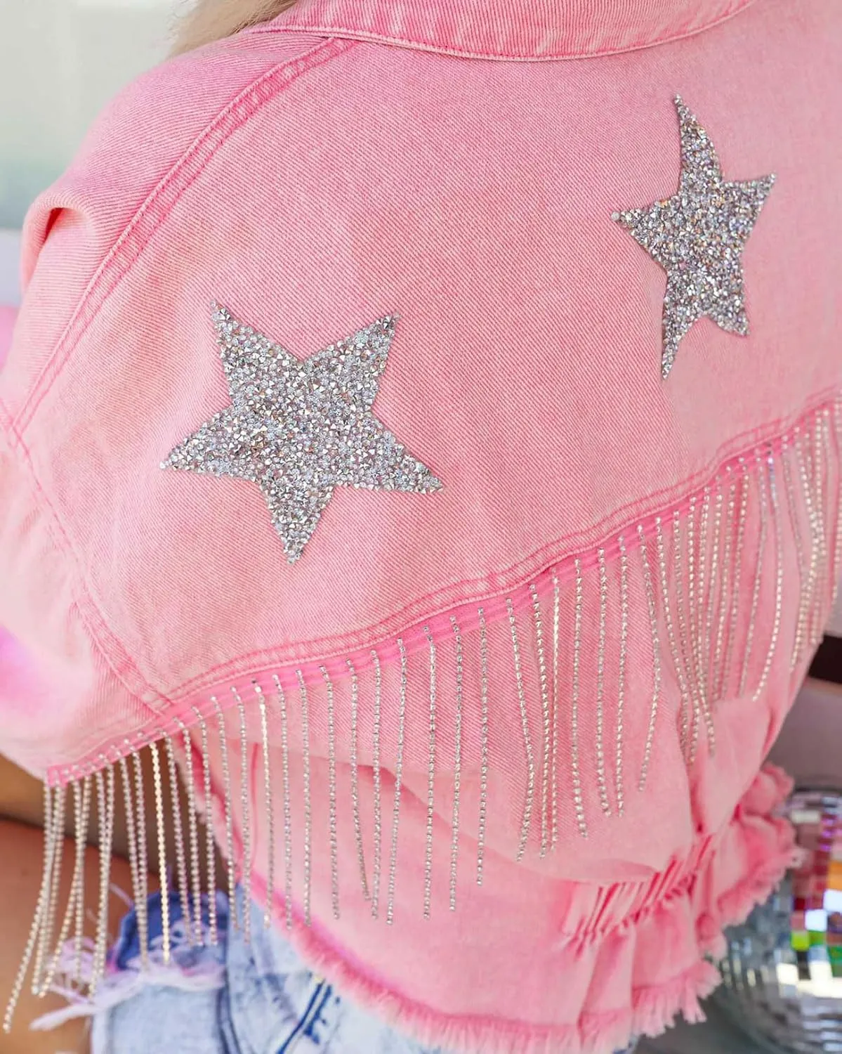 CHARTOU Women Distressed Tassel Fringe Denim Jacket Cropped Jean Jacket Star Frayed Cowgirl Tinsel Jacket