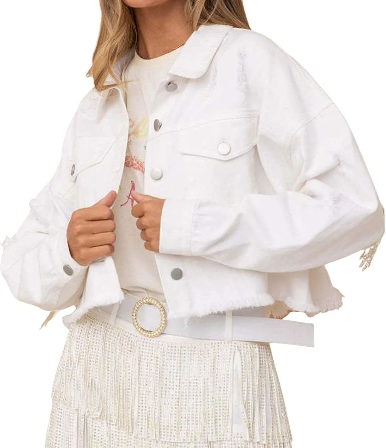 CHARTOU Women Distressed Tassel Fringe Denim Jacket Cropped Jean Jacket Star Frayed Cowgirl Tinsel Jacket
